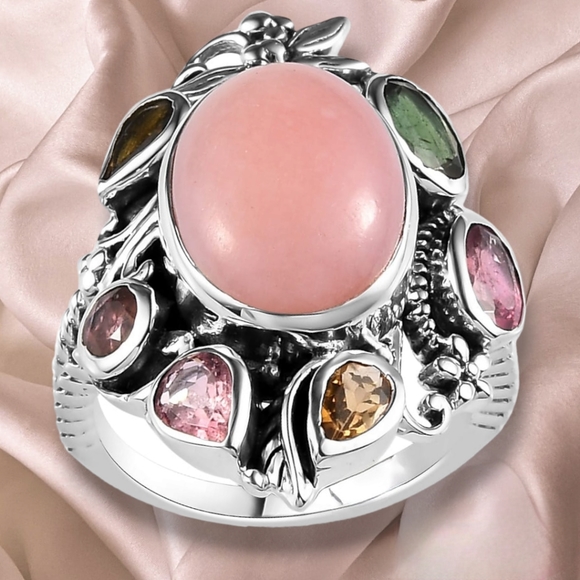 NWT PREMIUM PINK PERUVIAN OPAL & MULTI-TOURMALINE RING IN STERLING SILVER SZ 9.0